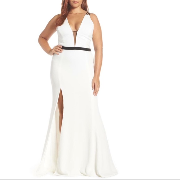 NEW DRESS THE POPULATION Off White & Black LANA Plunge Neck MERMAID Slit GOWN XL - Picture 14 of 16